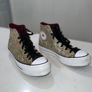 Glitter Converse Platform Chuck Taylors, size 10.5, gold & black